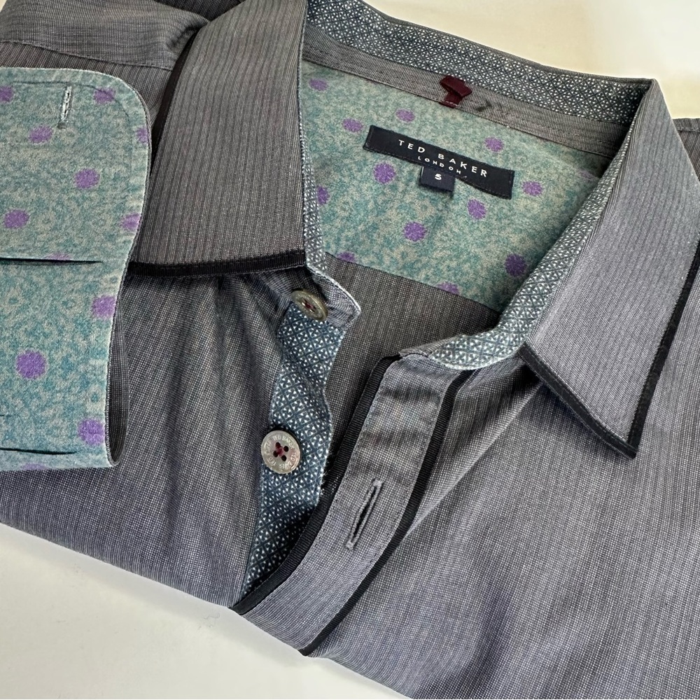 Ted Baker London Mens Shirt 5 XL Long Sleeve Button Up Gray Stripe Flip Cuff